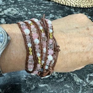Victoria Emerson 25" Beaded Wrap Bracelet with Gold and pink and pearl Beads